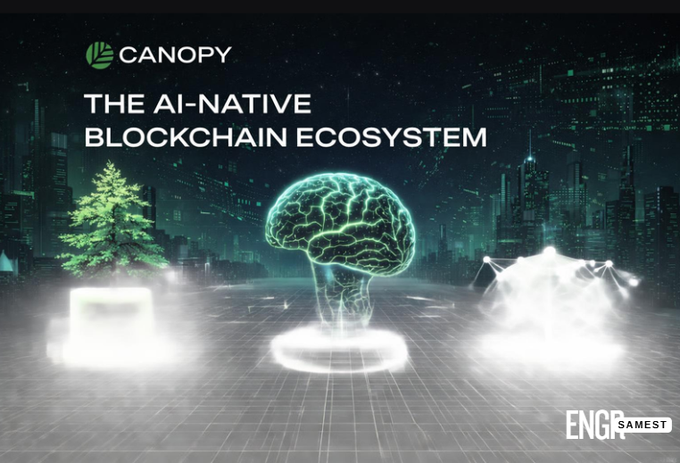 A promotional graphic for 'CANOPY - THE AI-NATIVE BLOCKCHAIN ECOSYSTEM' featuring a glowing brain hologram alongside a tree and cloud imagery in a futuristic cityscape.