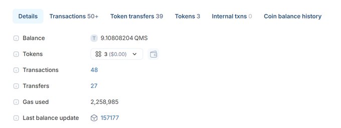 A cryptocurrency wallet details screen shows tabs including “Details,” “Transactions 50+,” “Token transfers 39,” “Tokens 3,” “Internal txns 0,” and “Coin balance history,” with balance “9.10808204 QMS,” 3 tokens, 48 transactions, 27 transfers, gas used 2,258,985, and last balance update 157177.