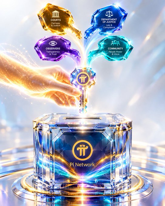 A glowing hand inserts a Pi Network token into a crystal ballot box labeled 'Pi Network', with floating icons representing 'COURTS Fairness & Justice', 'OBSERVERS Transparency & Trust', 'DEPARTMENT OF JUSTICE Safety & Compliance', and 'COMMUNITY People Power & Voice'.