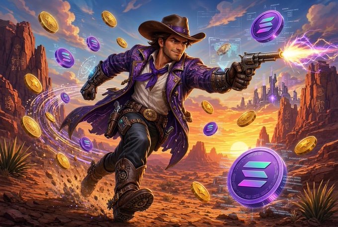 A Wild West-themed game promo shows a cowboy hero firing a glowing gun while leaping through a desert canyon amid floating gold coins, purple Solana-style tokens, and faint HUD elements. It visually supports the post’s description of “Dashing Dave” as a playable Solana GameFi platformer with progression, rewards, and wallet integration.