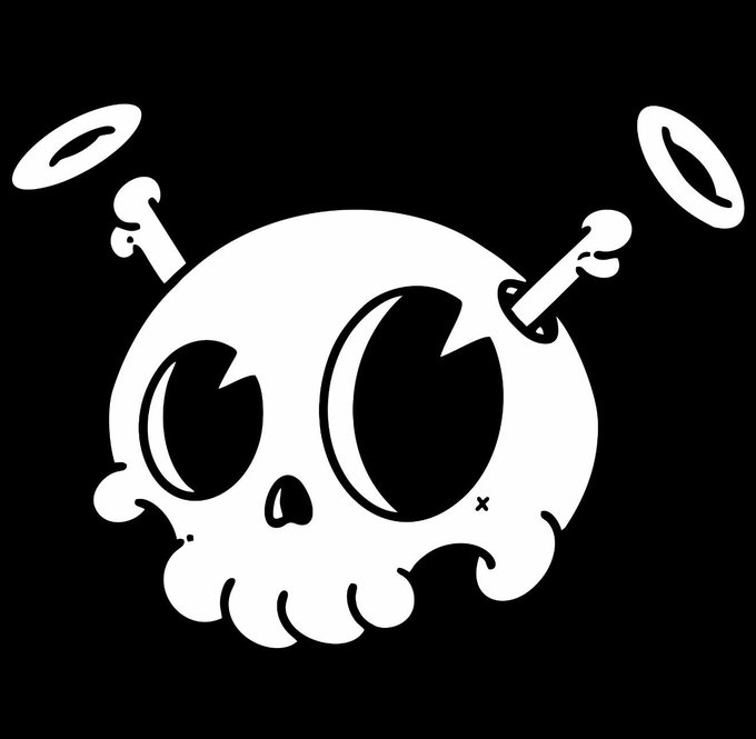 A black and white illustration of a stylized cartoon skull with large eye sockets, sharp teeth, and small horns or key-like objects protruding from the top, set against a solid black background.