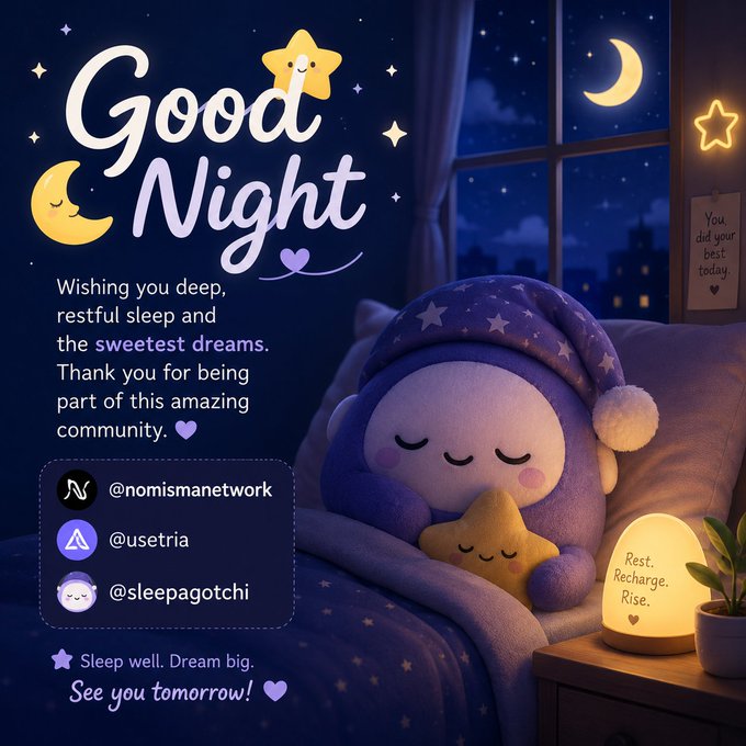The image features a bed with a pillow, a stuffed animal (possibly a teddy bear), and a nightstand next to the bed. The background of the image is dark blue, which complements the white text that reads "Good Night". Below this text, there are stars and hearts, adding a festive touch to the scene. In the bottom right corner of the image, there's a postcard with a message from someone named @NomismaNetwork, who has shared their thoughts on the importance of sleep and how it can positively impact our lives.