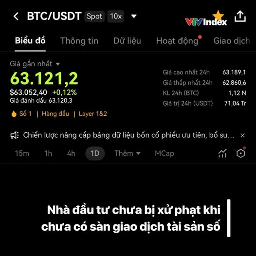 A Vietnamese crypto trading app showing the BTC/USDT Spot chart with the current price at 63,121.2 USDT and 24-hour highs and lows, with Vietnamese text reading 'Nhà đầu tư chưa bị xử phạt khi chưa có sàn giao dịch tài sản số'.