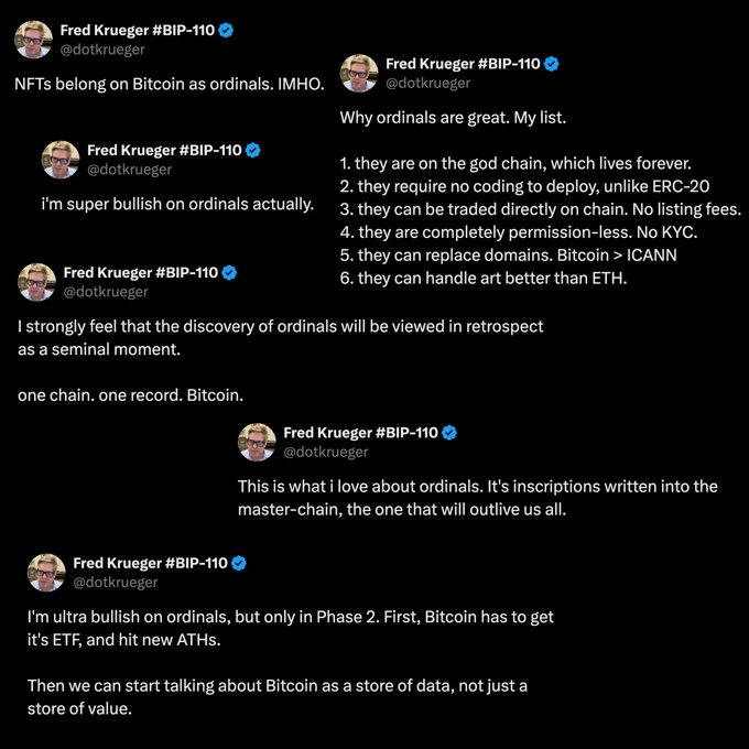 A series of tweets from Fred Krueger @dotkrueger (#BIP-110) expressing strong bullish sentiment on Bitcoin Ordinals, listing reasons they are superior to ERC-20 tokens and calling their discovery 'a seminal moment.'