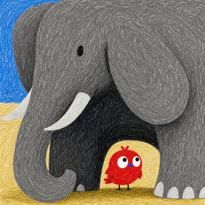 A colored pencil drawing of a large gray elephant with a small red bird standing underneath it.