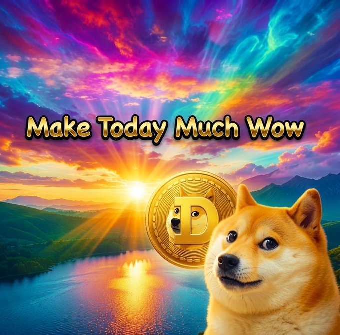 A smiling Shiba Inu dog wearing a Dogecoin medallion stands before a vibrant sunset over a lake, with the bold text "Make Today Much Wow" displayed in the colorful sky—reinforcing the playful, crypto-themed positivity of the message.