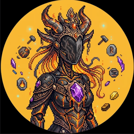 Pixel art illustration of a dark armored fantasy warrior figure with horned helmet and glowing purple gem on its chest, surrounded by floating coins, gems, and pickaxes against an orange circular background.