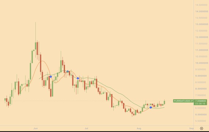 A daily candlestick chart of EUR/USD (FX:FX:EURUSD on TradingView) shows the pair declining from roughly 14.50 down to around 7.05 over June through early August, with moving averages and blue arrow markers highlighting a possible bottoming formation that aligns with the post's "gamma squeeze incoming" bullish thesis.