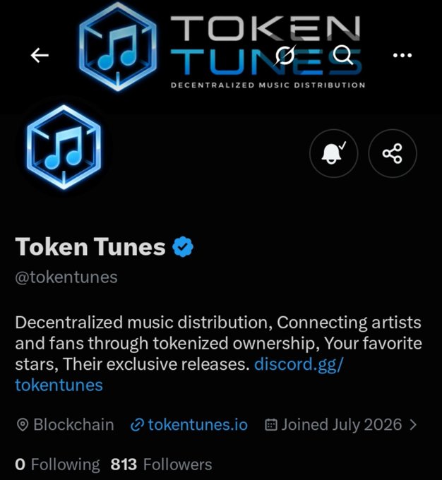 Twitter/X profile for 'Token Tunes' (@tokentunes), described as decentralized music distribution with 813 followers and a link to tokentunes.io.