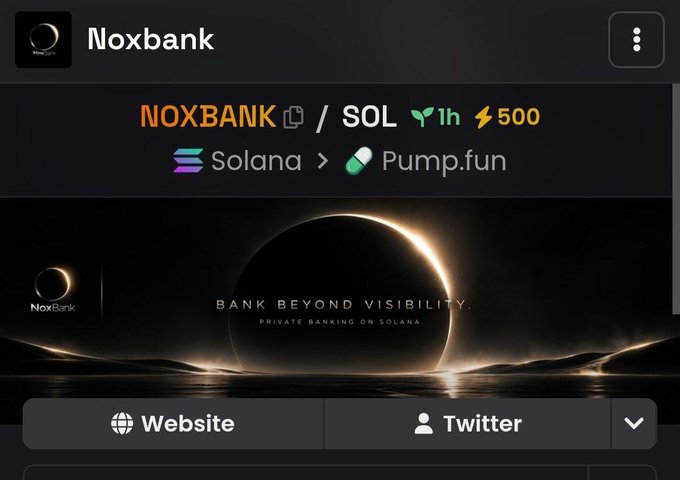 A dark-themed cryptocurrency page for "Noxbank" (NOXBANK/SOL) on the Pump.fun platform via Solana, featuring a solar eclipse graphic with the tagline "BANK BEYOND VISIBILITY. PRIVATE BANKING ON SOLANA."