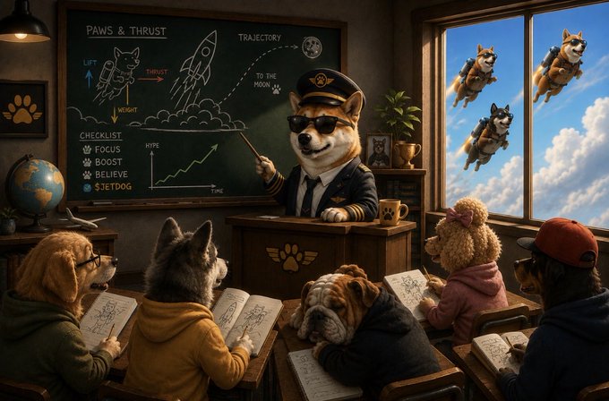 A humorous digital illustration depicting a Shiba Inu dressed as a pilot and instructor teaching a class of dogs in hoodies about rocket trajectories, labeled 'PAWS & THRUST' on the chalkboard.