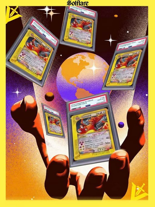 A stylized '90s-style illustration shows hands holding trading cards against a cosmic backdrop with Earth; the cards are labeled 'Solflare' and feature a swordfish-like creature.