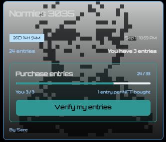 Screenshot of a pixel art NFT interface for 'Normies 3035' by Sarc, showing 24 entries with the user having 3 entries, and a 'Verify my entries' button.