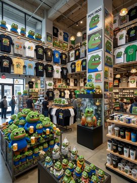 The interior of a retail store displays numerous Frog-themed merchandise, including t-shirts and plush toys, arranged on walls and shelves throughout the brightly lit shop.