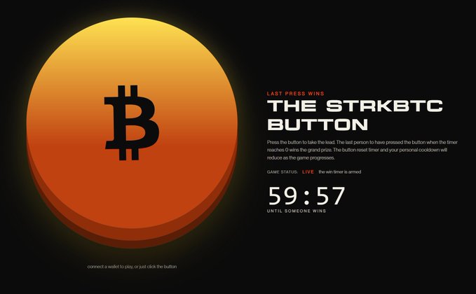 The image shows "THE STAKBTC BUTTON" website, featuring a large orange Bitcoin logo button with a countdown timer displaying "59:57" until someone wins, alongside the header "LAST PRESS WINS." The shrinking timer visually reinforces the post's message that less than 24 hours remain to claim the prize.