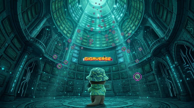 A digital artwork depicting a small figure sitting in a futuristic, teal-lit dome facing a screen that displays the word "GIGAVERSE", surrounded by floating glowing icons.