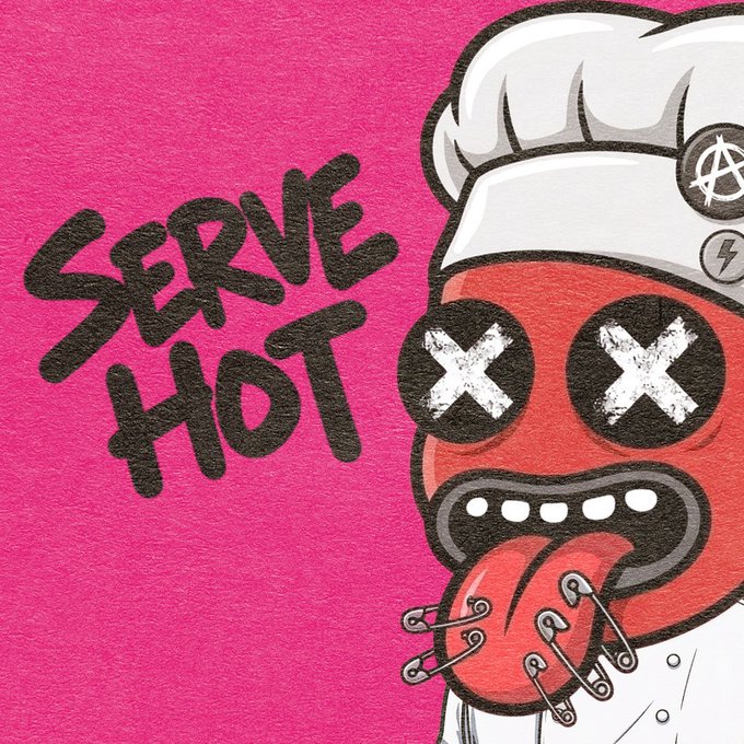 An illustration on a bright pink background showing a red cartoon character with X-shaped eyes, a chef's hat, and safety pins in its tongue, alongside the handwritten text 'SERVE HOT'.