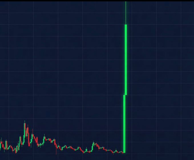 A dark financial candlestick chart shows red and green price bars followed by a dramatic, nearly vertical green surge with a long upper wick.