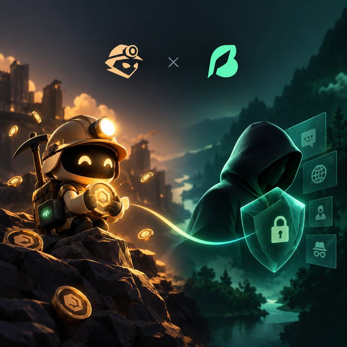 A stylized partnership image showing a small mining character connected to a hooded, shield-protected figure, with two project logos above them and floating interface icons.