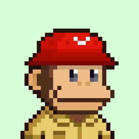 A pixel art illustration of a character wearing a red cap with a white symbol, featuring blue eyes and a yellow outfit against a green background.
