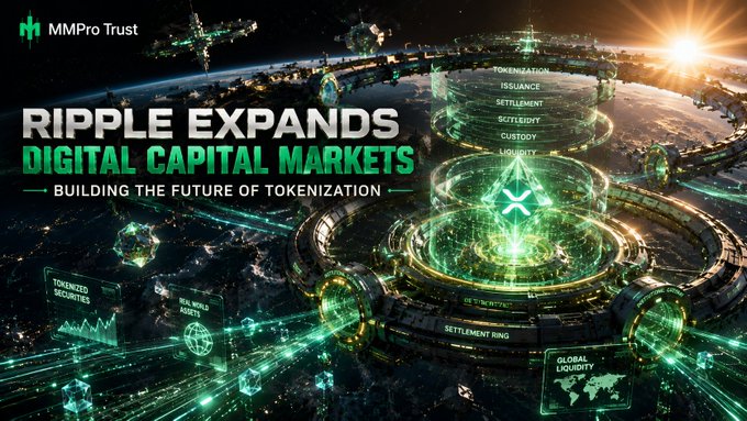 A promotional graphic for MMPro Trust titled 'RIPPLE EXPANDS DIGITAL CAPITAL MARKETS - BUILDING THE FUTURE OF TOKENIZATION,' featuring a futuristic green space station concept with labels for Tokenization, Issuance, Settlement, Custody, and Liquidity.
