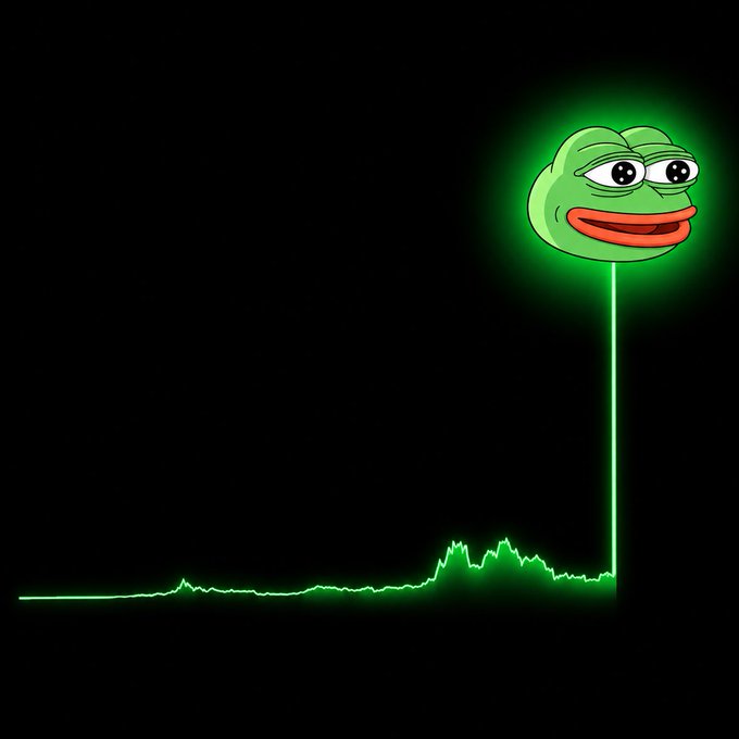A Pepe the Frog meme head on a green stalk resembling an EKG or heartbeat line, set against a black background, with the line spiking upward to support the frog's head.