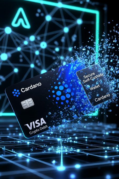 A digital advertisement showing a Cardano Visa Crypto Debit card alongside a Secure Self-Custody Wallet, set against a blue digital network background featuring the Cardano logo.