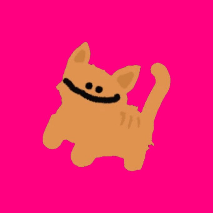 A digital drawing of an orange cat with a black smile and dot eyes on a bright pink background.