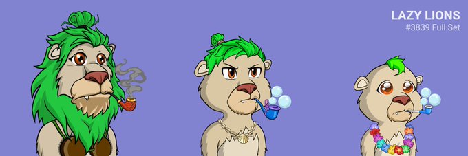 Three cartoon lion characters with green hair labeled 'LAZY LIONS #3839 Full Set' on a purple background, styled as NFT collectibles.