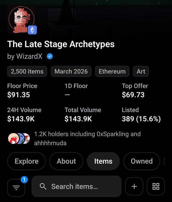 An NFT collection page for "The Late Stage Archetypes" by WizardX, showing a floor price of $91.35, 24H volume of $143.9K, and 1.2K holders.