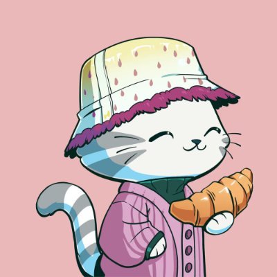 A cartoon cat wearing a strawberry-print bucket hat and pink cardigan holds a freshly baked croissant, perfectly matching the "GM, we cook today!" vibe. The cozy breakfast imagery makes it an ideal morning greeting for crypto enthusiasts.