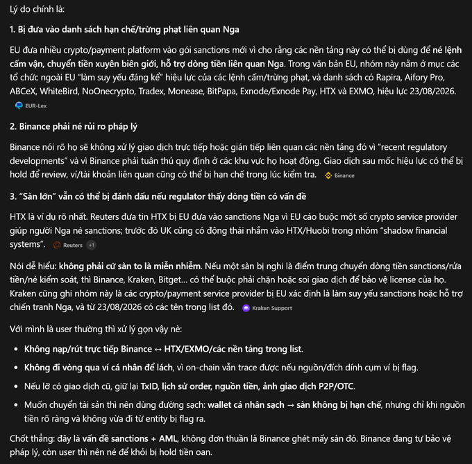 A Vietnamese-language informational post titled 'Lý do chính là' discussing EU sanctions on crypto/payment platforms related to Russia, mentioning exchanges like Rapira, ABceX, WhiteBird, NoOnecrypto, Tradex, Monease, BitPapa, Exnode/Exnode Pay, HTX and EXMO, dated 23/08/2026, with warnings for Binance and HTX users.