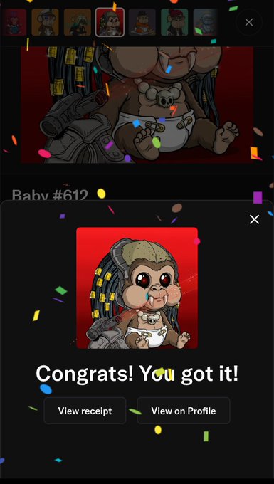 A digital interface shows a congratulatory message "Congrats! You got it!" for a cartoon baby character NFT labeled "Baby #619" with options to "View receipt" or "View on Profile."