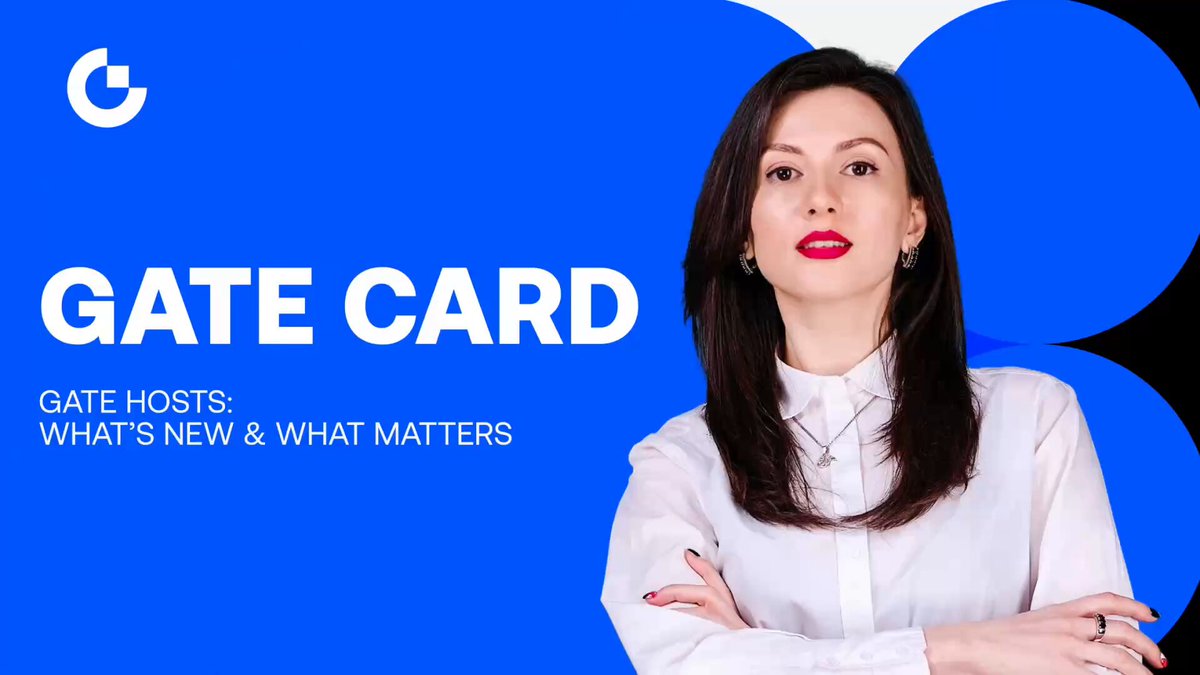 The image features a woman standing against a blue background with white text that reads "Gate Card" at the top of the frame, followed by "What's New & What Matters?". Below this, there are three circles containing the words "Gate Hosts", "What's New & What matters", and "Coffee. Flights. Shopping. Everyday life." respectively. The woman is dressed in a white shirt with red lipstick on her lips.