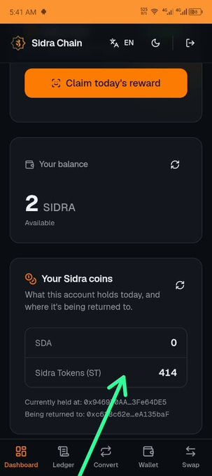 Sidra Chain account dashboard showing a restored balance of 2 SIDRA available, with 414 Sidra Tokens (ST) being returned, aligning with the announcement that miners' Sidra balances have been recovered.