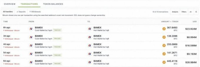 A transaction history interface on a blockchain explorer showing BTC transfers from and to BITMEX Cold Wallet bc1qh and Hot Wallet bc1q8, with multiple transactions ranging from 138.2096 to 445.4116 BTC (USD values from $9.193M to $28.984M) within the last 6 hours.