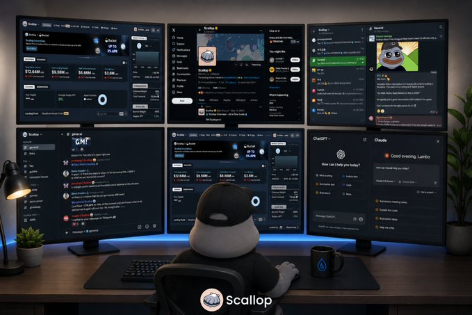 A character wearing a cap sits at a desk facing six monitors displaying crypto trading platforms, social feeds (including "X" and what appears to be ChatGPT and Claude interfaces), and market data, with the "Scallop" logo at the bottom—visually promoting Scallop as an all-in-one crypto and AI tool. The multi-screen setup emphasizes the platform's ability to consolidate trading, news, and AI assistance in a single workspace.