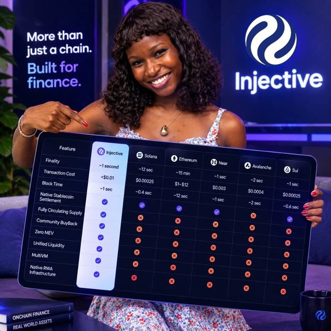 A woman holding a board comparing blockchain features (Finality, Transaction Cost, Block Time, etc.) showing Injective favorably against Solana, Ethereum, Near, Avalanche, and Sui, with the tagline 'More than just a chain. Built for finance.'