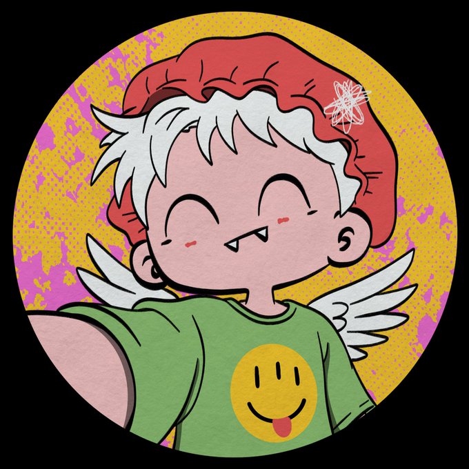 A cartoon illustration of a smiling, angel-winged character with white hair and a red hat, wearing a green t-shirt featuring a yellow smiley face with its tongue sticking out, set against a pink and yellow speckled background.