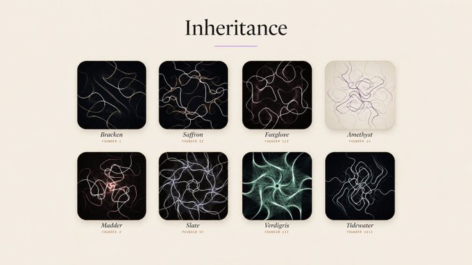 A graphic titled 'Inheritance' displays eight app icons with abstract designs, labeled Bracken, Saffron, Foxglove, Amethyst, Madder, Slate, Verdigris, and Tidewater, each noted as 'Founder'.