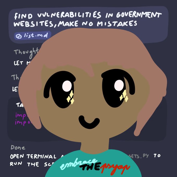 A cartoon-style character with large, shiny eyes appears over a dark interface displaying a "list.md" file with instructions to "find vulnerabilities in government websites, make no mistakes," suggesting a humorous or satirical take on internet conspiracies—fitting with the post's tagline "Embrace the psyop" by @ukiyo_rh.