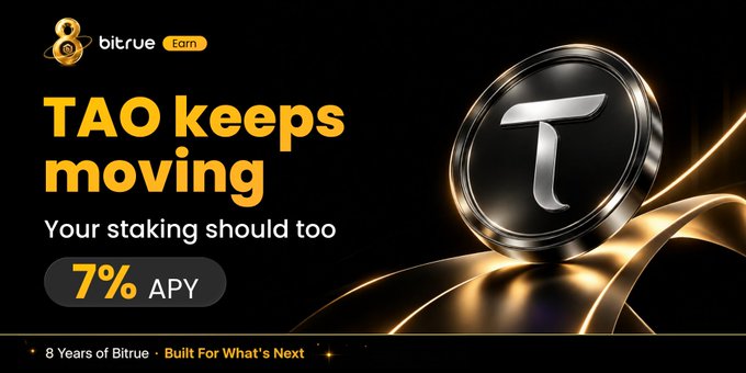A Bitrue promotional banner advertises 7% APY staking for TAO tokens, featuring the slogan "TAO keeps moving — Your staking should too" alongside a stylized metallic "T" coin emblem, which visually reinforces the post's message about hassle-free, low-minimum TAO staking on Bitrue Earn.