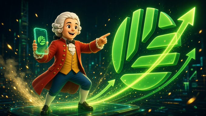 A 3D cartoon-style illustration depicts a smiling figure in 18th-century attire (white wig, red coat, yellow vest) holding a glowing phone while pointing excitedly at a large green rising arrow and ascending bar graph, symbolizing growth or trading success.