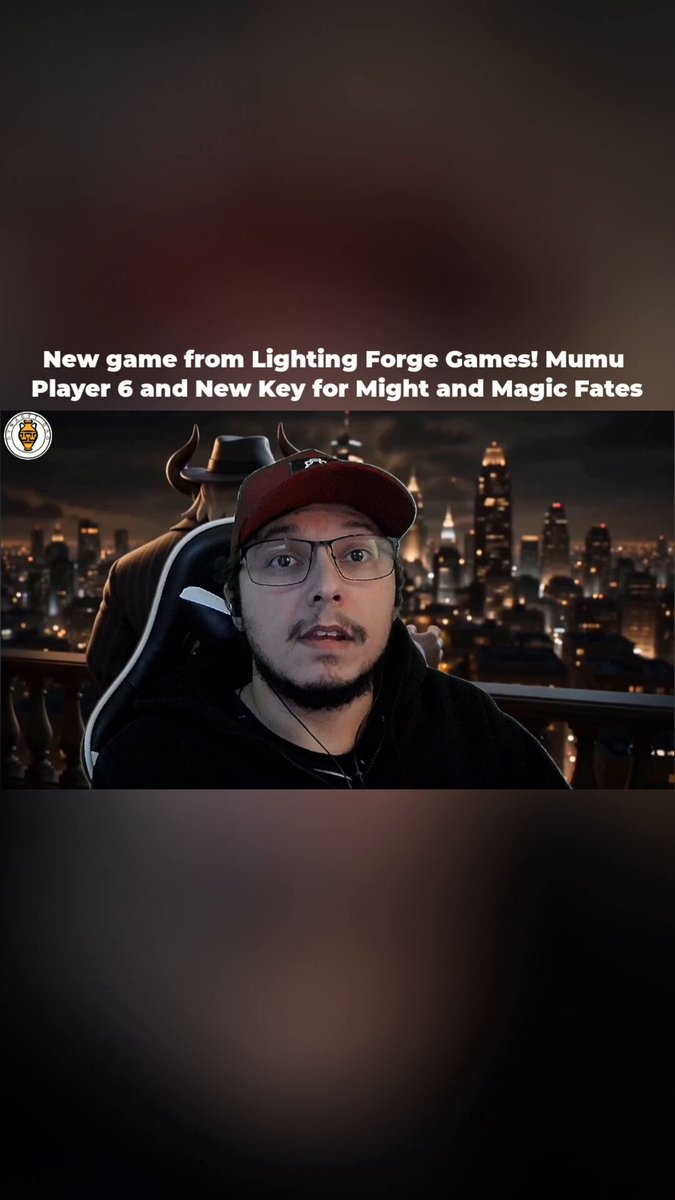The image features a man wearing glasses sitting in front of a city skyline, with a caption that reads "New game from Lighting Forge Games! Player 8 and new key for Might and Magic Fates 0:31 Immutable shared a new pre-registration, are you good at 21?". The man is seated on a chair, which has the word "immutable" written on it.