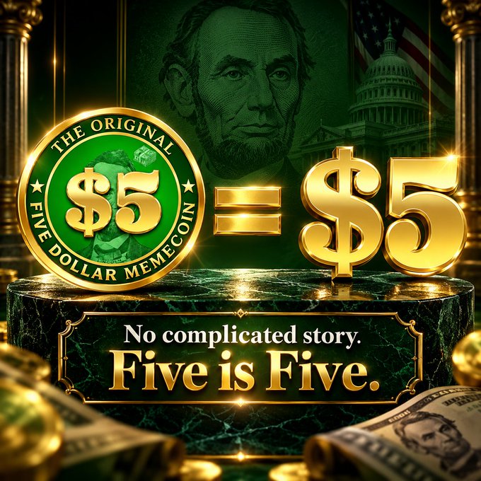 A promotional graphic displays 'The Original Five Dollar Memecoin' with a green $5 coin equals $5 text equation, set on a marble pedestal with the text 'No complicated story. Five is Five.', featuring imagery of Abraham Lincoln and the U.S. Capitol.