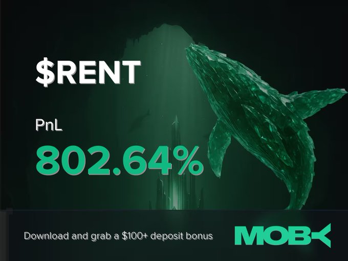 The image is a promotional graphic from Moby featuring a large green whale silhouette against a dark background, highlighting a trader's win alert for $RENT with an impressive PnL of +802.64%, along with a call-to-action offering a $100+ deposit bonus for downloading the app.