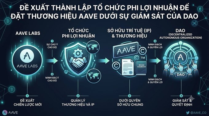 An AAVE-branded infographic in Vietnamese proposing the establishment of a non-profit organization to build the AAVE brand under DAO supervision, showing flow from Aave Labs through IP ownership to the DAO.
