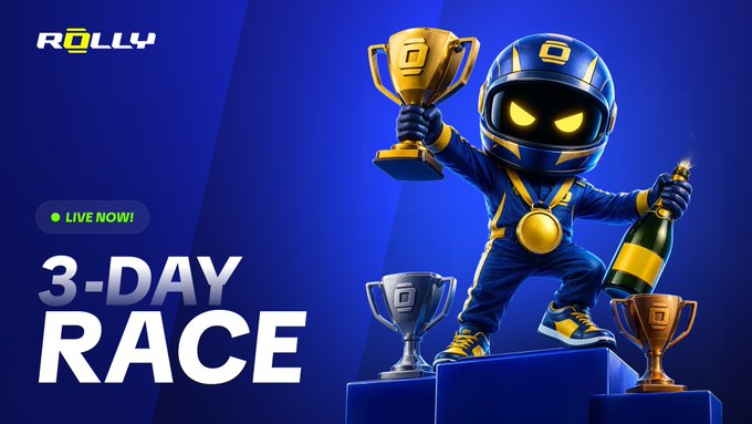 A promotional graphic for ROLLY announcing a '3-DAY RACE' that is live now, featuring a blue robot mascot holding a trophy and champagne bottle against a blue background.