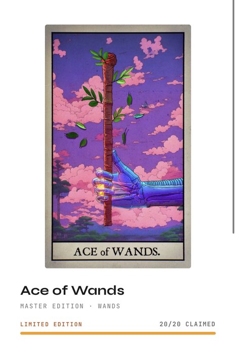 A tarot card design titled 'Ace of Wands' showing a robotic hand grasping a wooden staff with green leaves against a purple sky with pink clouds, marked as 'MASTER EDITION' and '20/20 CLAIMED'.