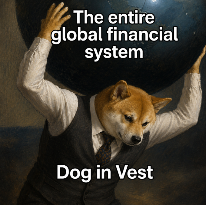 A meme using a classical painting with a dog's head edited onto a man in a vest holding a heavy sphere; top text reads "The entire global financial system" and bottom reads "Dog in Vest".